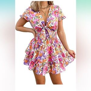 Floral tie front mini dress